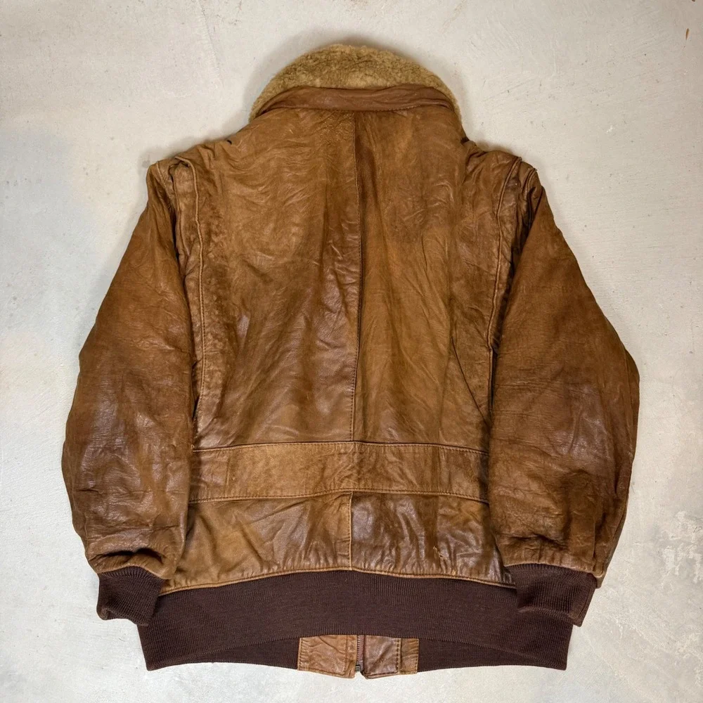 1980s Banana Republic Vintage Leather Flight Jacket Brown Shearling Collar Large